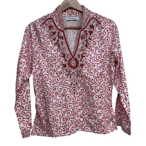 Sweet Lily Red White Embroidered Beaded Tunic Top Size Small - Picture 2 of 9